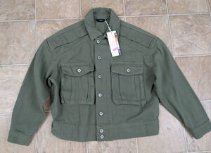 Dokotoo sz M Cargo Cropped denim Jean Jacket army green oversized buttons 0884